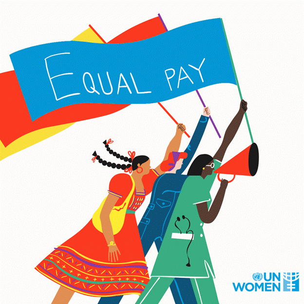 women with banner with words Equal Pay