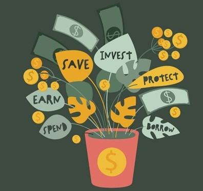 image of flowere in a pot with the words spend, earn, save ,invest, protect and borrow on the plant's leaves